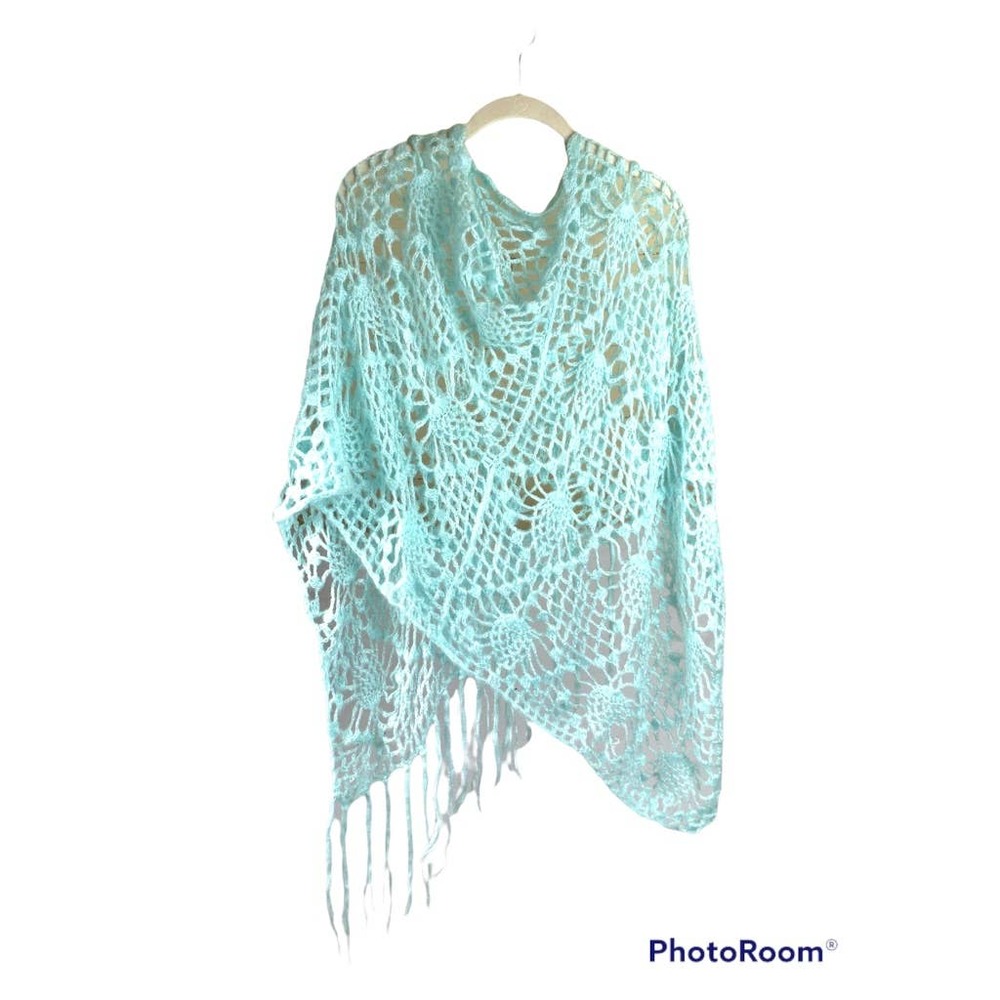 Hand Crocheted Blue fluffy Poncho With Fringe Y2K Cottage Core